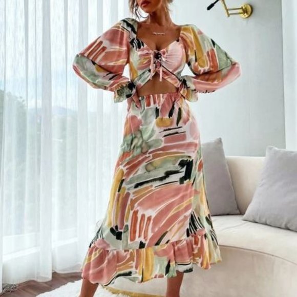 SHEIN Women's Graphic Cut Out Knot A-line Dress  in Multicolor Size S NWT - Picture 1 of 2